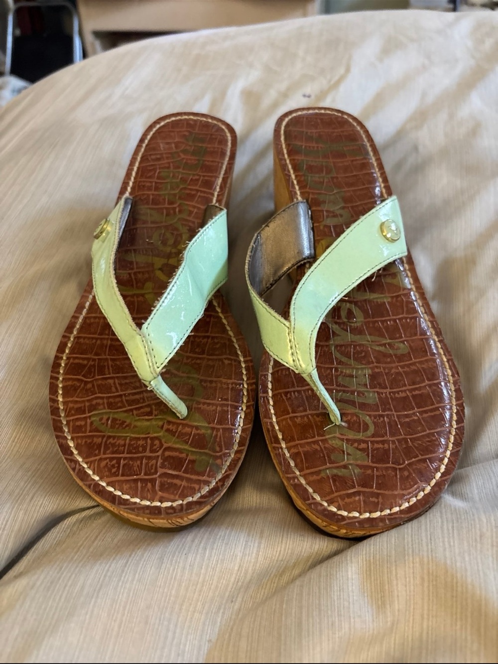 Sam Edelman Patent Mint Green Thong Wedge Sandals